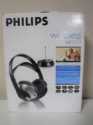 A pair of boxed Philips wireless headphones