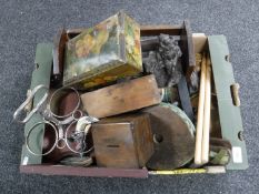 A box of wooden bookends, wood working plane, money box, bellows,
