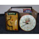 A box of contemporary wall plaques, metal tin drum Toy Company advertising clock,