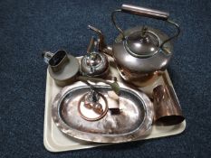 A tray of antique copper ware - two kettles, watering can,