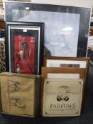 A vintage Antler leopard print luggage case and nine assorted framed prints