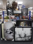 Ten contemporary framed prints and four canvases - New York skyline, Banksy,