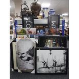 Ten contemporary framed prints and four canvases - New York skyline, Banksy,