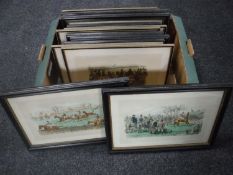 A box of fifteen framed hand coloured engravings of hunting scenes published by Ackerman