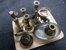 A tray of assorted metal ware - copper and brass handled frying pan, candlesticks, horse figure,