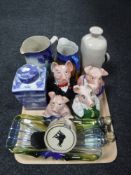 A tray of two pairs of opera glasses, four Wade pigs,
