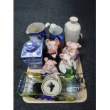 A tray of two pairs of opera glasses, four Wade pigs,