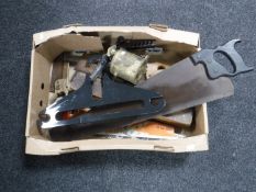 A box of vintage wood working tools - planes,