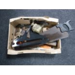 A box of vintage wood working tools - planes,