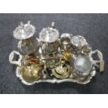 A plated twin handled serving tray, four piece plated tea service,