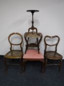 A Victorian dining chair, two bedroom chairs,