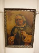 A gilt framed oil on canvas of a friar drinking a glass of sherry,