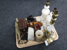 A pair of marble lamp bases, 20th century alarm clock, camera in leather case,