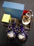 A pair of antique hand painted vases and a box of picnic set, oriental jewellery box,