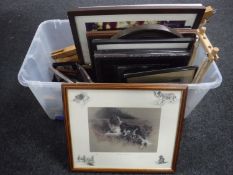 A box of antiquarian and later pictures and prints, a tapestry frame,