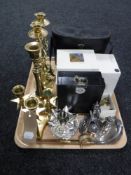 A tray of brass candlesticks, micro weights, plated cruet, Scandia plated cups,