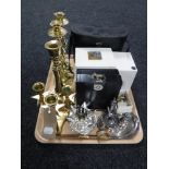 A tray of brass candlesticks, micro weights, plated cruet, Scandia plated cups,