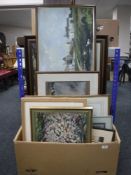 A box of assorted pictures and prints - gilt framed oil figures under the blossom by Robert Buist,