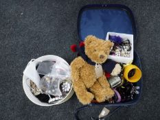 Two boxes of assorted costume jewellery and a Harrods Teddy bear