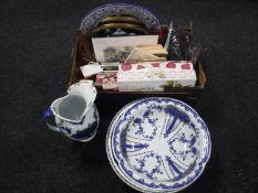 Three boxes of assorted ornaments, glass ware, dinner ware, books,