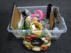 A box of assorted glass ware, ornaments, wall clock,