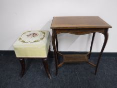 A Victorian inlaid rosewood occasional table and a tapestry stool