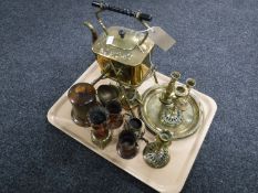 A tray of metal ware - spirit kettle of stand, two pairs of candlesticks,