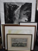 Six framed pictures including an Ansel Adams Yosemite National Park Centenary poster,