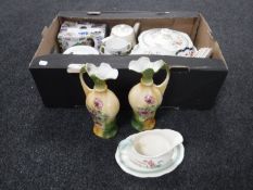 Two boxes of assorted brass ware, boxed Ringtons butter dish, Alfred Meakin dinner ware,