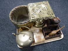 A tray of brass planters, trivet, kettle,