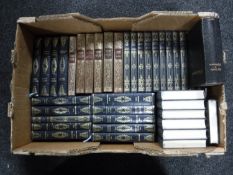 Two boxes of leather bound Heron books and other volumes,