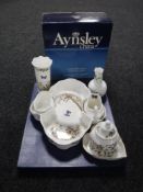 A boxed Aynsley cottage garden china serving set, cake plate and knife, nine pieces of Aynsley,