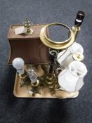 A tray of assorted brass table lamps (continental wiring) and three brass candlesticks