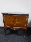 A French Kingwood and gilt metal mounted two drawer marble topped commode chest (marble a/f)