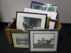 A box of framed and unframed pictures including Southern Railway advertisements,