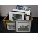 A box of framed and unframed pictures including Southern Railway advertisements,