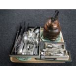 A tray of assorted stainless steel and plated table cutlery, carving set,