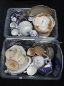 Two boxes containing Ringtons Willow pattern tea service, assorted tea china,