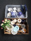 Two boxes of Booths Willow pattern china, Ringtons Willow pattern, water jug, plates, beerstein,