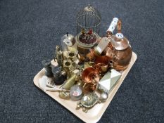 A tray of copper kettle and cups, vintage musical bird cage, field glasses, assorted brass ware,