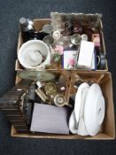 Two boxes containing wall plates, plated ware,