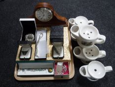 A tray of Westminster mantel clock, boxed photographs album,