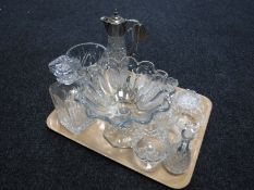 A tray of assorted glass ware including whiskey decanter, claret jug, perfume bottle, vases,