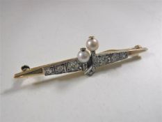 An 18ct gold old-cut diamond and pearl bar brooch