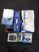 A box of Swann CCTV monitoring equipment, two security flood lights,