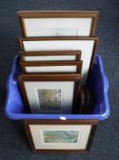 A box containing assorted framed pictures to include three circular framed H.