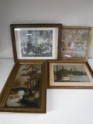 An early 20th century gilt framed oil depicting swans on a river together with an oak 1920's framed