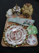 A tray of Coalport Hong Kong lidded urn, Aynsley lidded jar, pair of Staffordshire Imari plates,