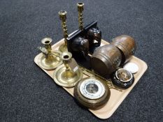 A tray of two pairs of brass candlesticks, brass toasting fork, circular barometer,
