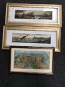 Two gilt framed oils depicting sailing boats and a framed watercolour,